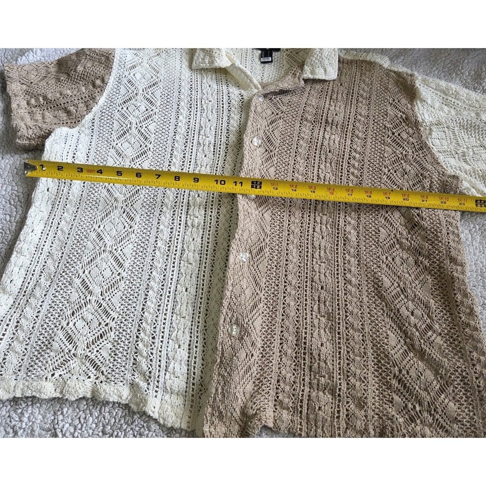 Mens Size Large Crochet Knit Cotton Shirt Colorblock Tan Cream Button Up Boho - Picture 4 of 7